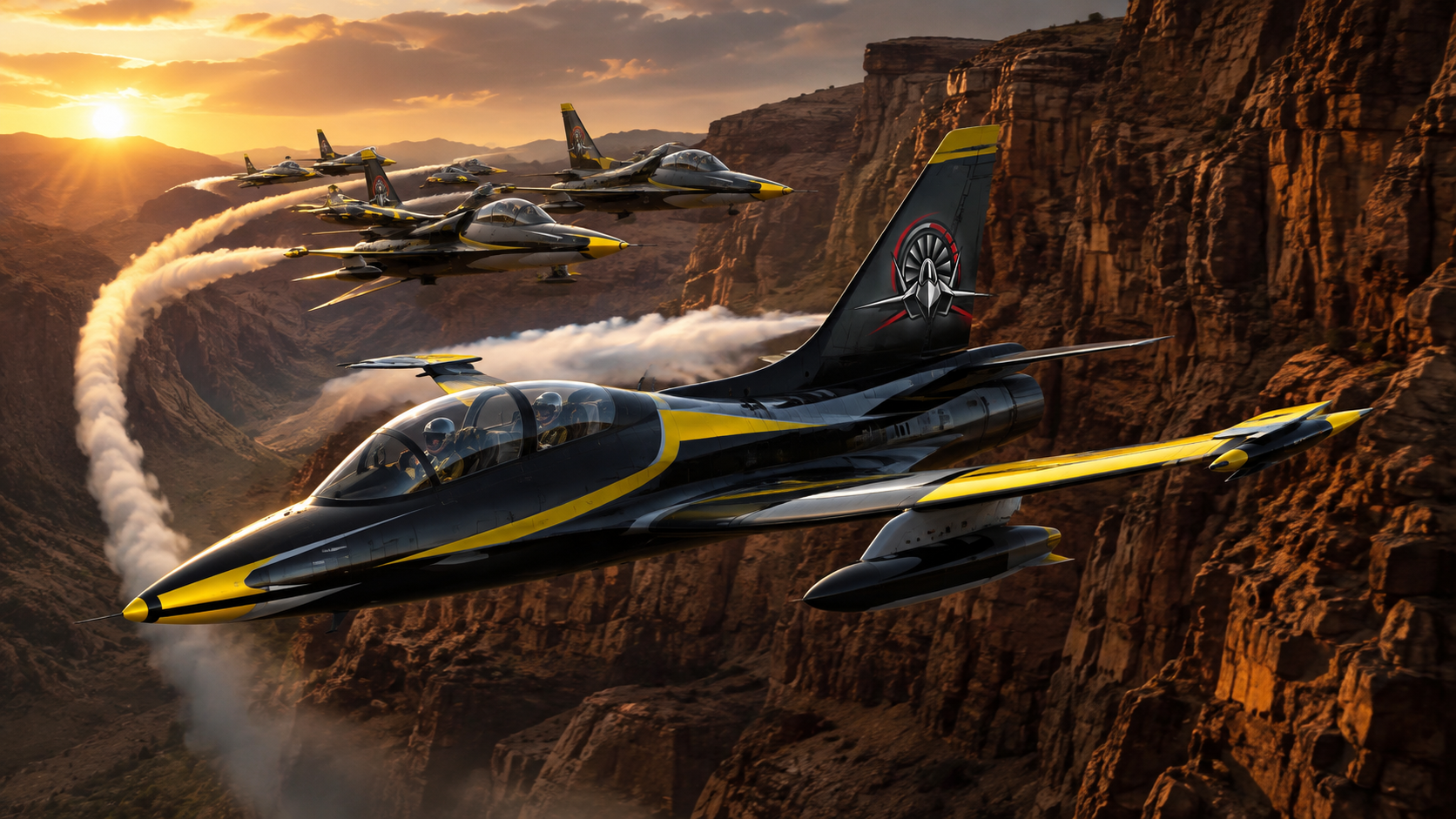 Throttle Jet Team L-39 formation in a golden canyon